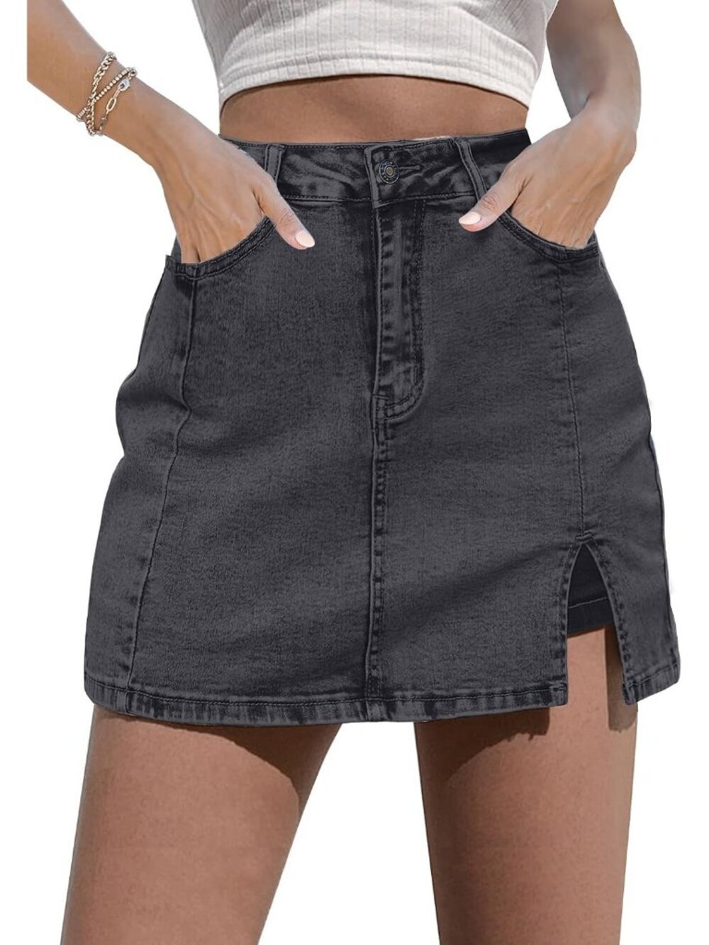 Women's Stone Gray High Waisted Stretchy Denim Mini Skirt Side Slit Jean Skirts